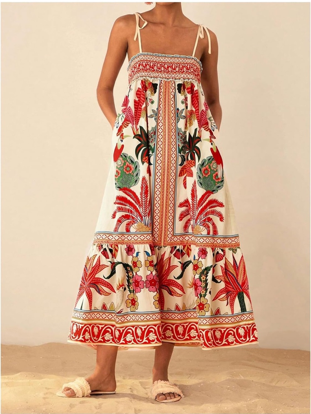 Bohemian Floral Tie-Shoulder Midi Skirt - Cream with Red Floral Print